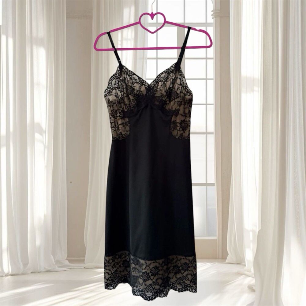 VTG Goddard Artemis Black Nude Lace Bodice Slip Dress Size 34 S Glam Goddess